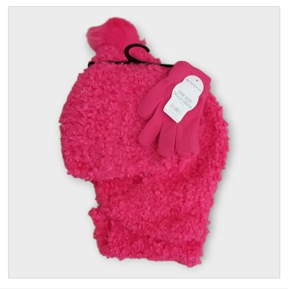 NWT Bright Pink Girl's Textured Winter Hat, Scarf, and Gloves Set